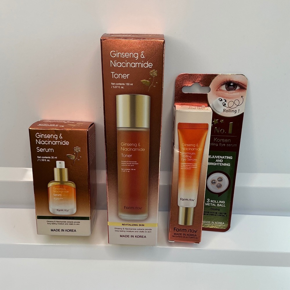 K-Beauty Farmstay Ginseng Niacinamide Skincare Set Toner, Serum & Eye Serum 3pc